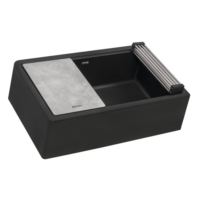 epiCast Ruvati 33" Matte Black Granite Farmhouse Workstation Apron-front Composite Kitchen Sink – Model# RVG1533BK