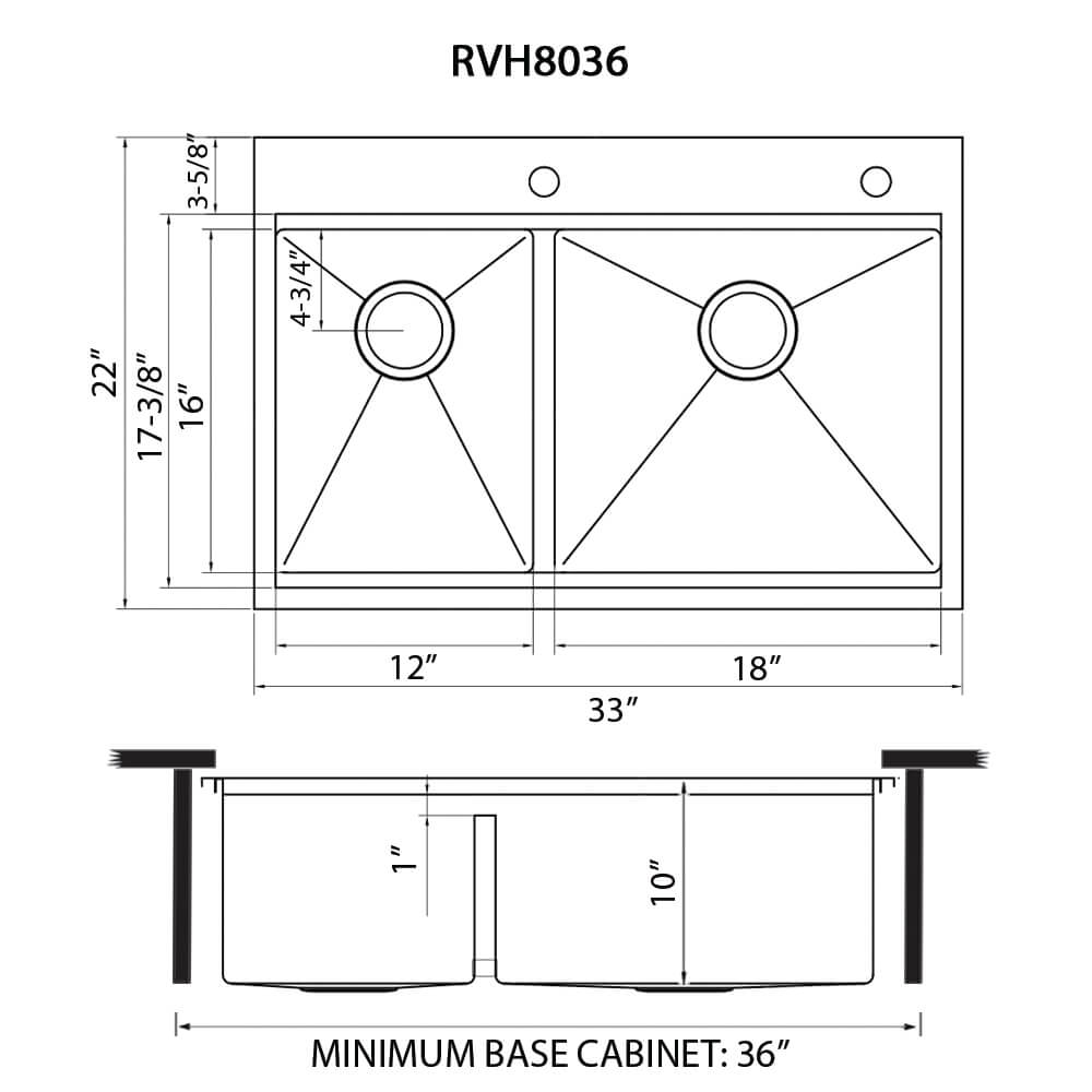Siena Ruvati 33" x 22" Workstation Drop-in 40/60 Double Bowl Topmount Rounded Corners Kitchen Sink – Model # RVH8036