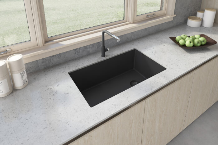 epiGranite Model: RVG2033BK Ruvati 32 x 19 inch epiGranite Undermount Granite Composite Quartz Single Bowl Kitchen Sink – Midnight Black – RVG2033BK