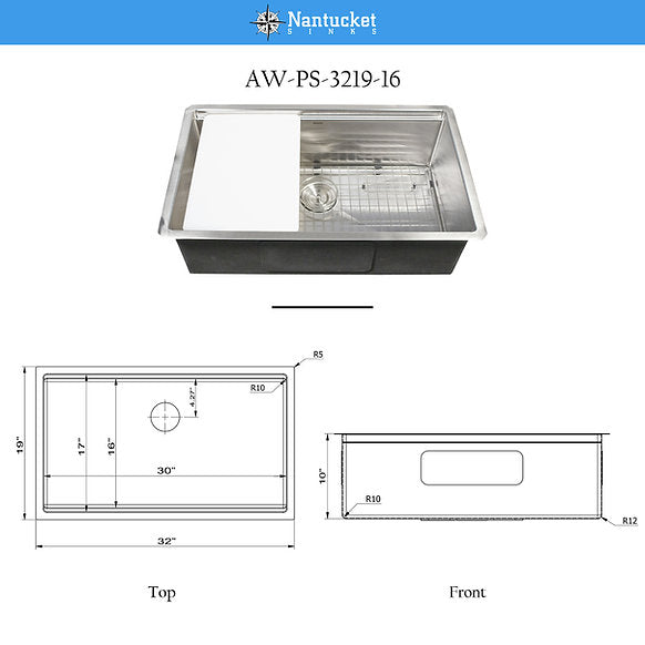 Nantucket Sinks - All-Weather Undermount Outdoor Stainless Steel WorkStation Sink Model# AW-PS-3219-16