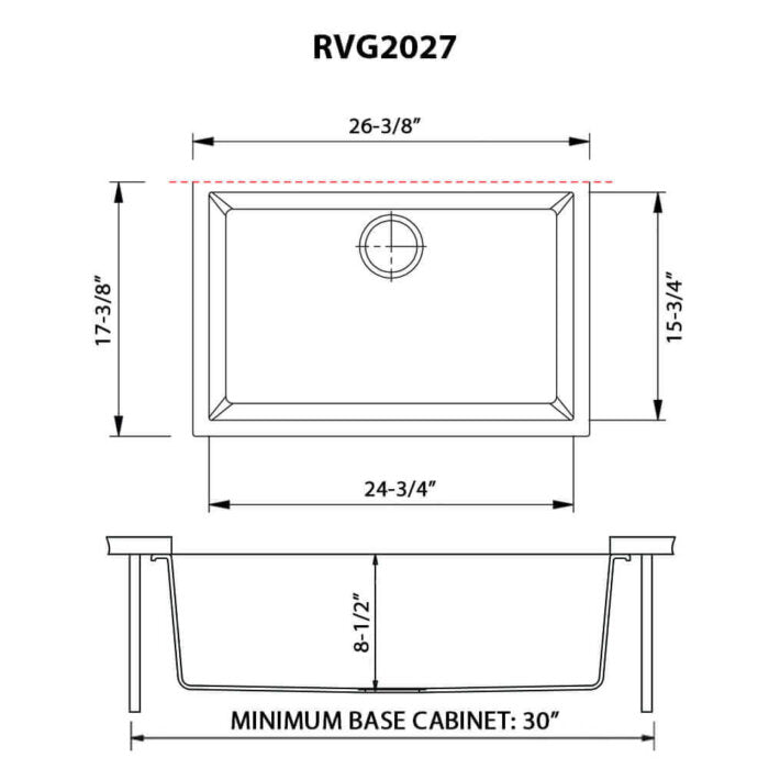 epiGranite Model: RVG2027BK Ruvati 27 x 18 inch Granite Composite Quartz Undermount Single Bowl Kitchen Sink – Midnight Black – RVG2027BK