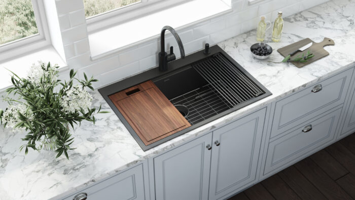 Giana Ruvati 33 inch Gunmetal Black Stainless Steel Workstation Drop-in Topmount Kitchen Sink Single Bowl – Model# RVH5003BL