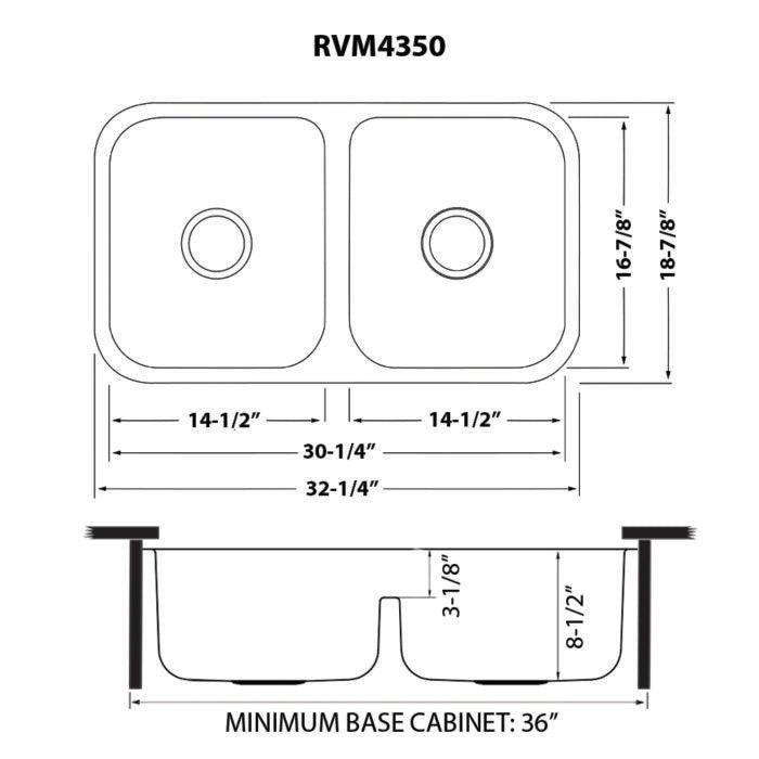 Parmi Model: RVM4350 Ruvati 32-inch Low-Divide 50/50 Double Bowl Undermount 16 Gauge Stainless Steel Kitchen Sink – RVM4350