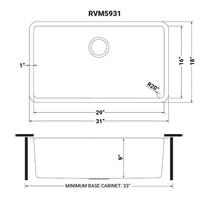 Modena Model: RVM5931 Ruvati 31-inch Undermount Kitchen Sink 16 Gauge Stainless Steel Single Bowl – RVM5931