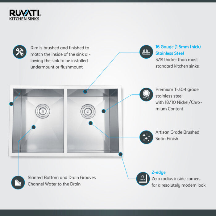 Nesta Model: RVH7350 Ruvati 30-inch Undermount 50/50 Double Bowl Zero Radius 16 Gauge Stainless Steel Kitchen Sink – Model# RVH7350