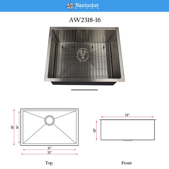 Nantucket Sinks - 23"x18" Marine-Grade Stainless Steel Outdoor Undermount Sink Model# AW2318-16