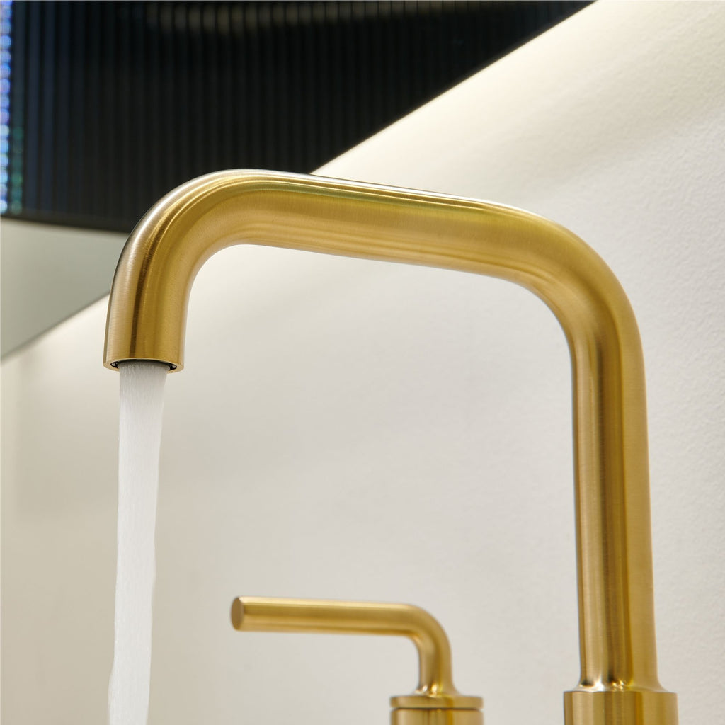 Oakland Wide Spread 2 Handle Bathroom Sink Faucet with Pop Up Drain in Satin Gold – Model #KSB8236SG