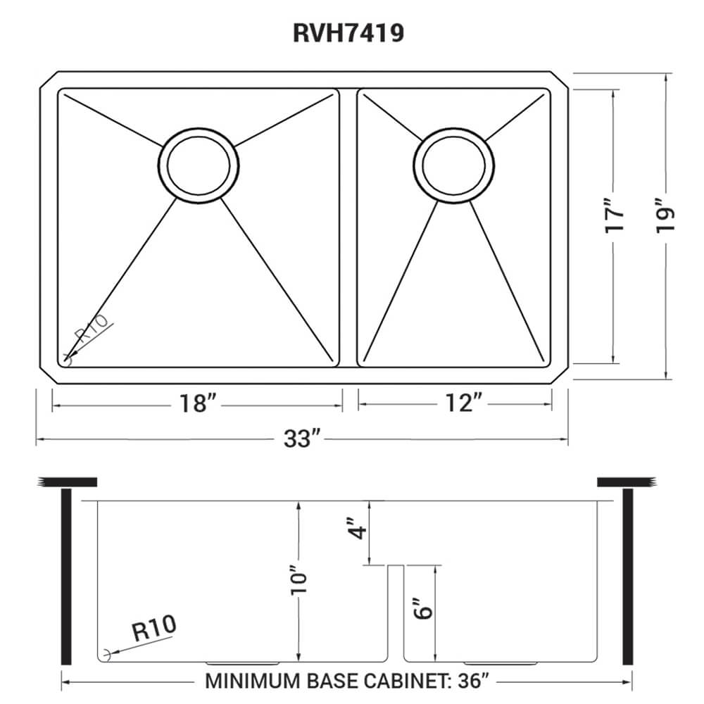 Urbana Ruvati 33" Low-Divide Undermount 60/40 Double Bowl 16 Gauge Rounded Corners Stainless Steel Kitchen Sink – Model # RVH7419