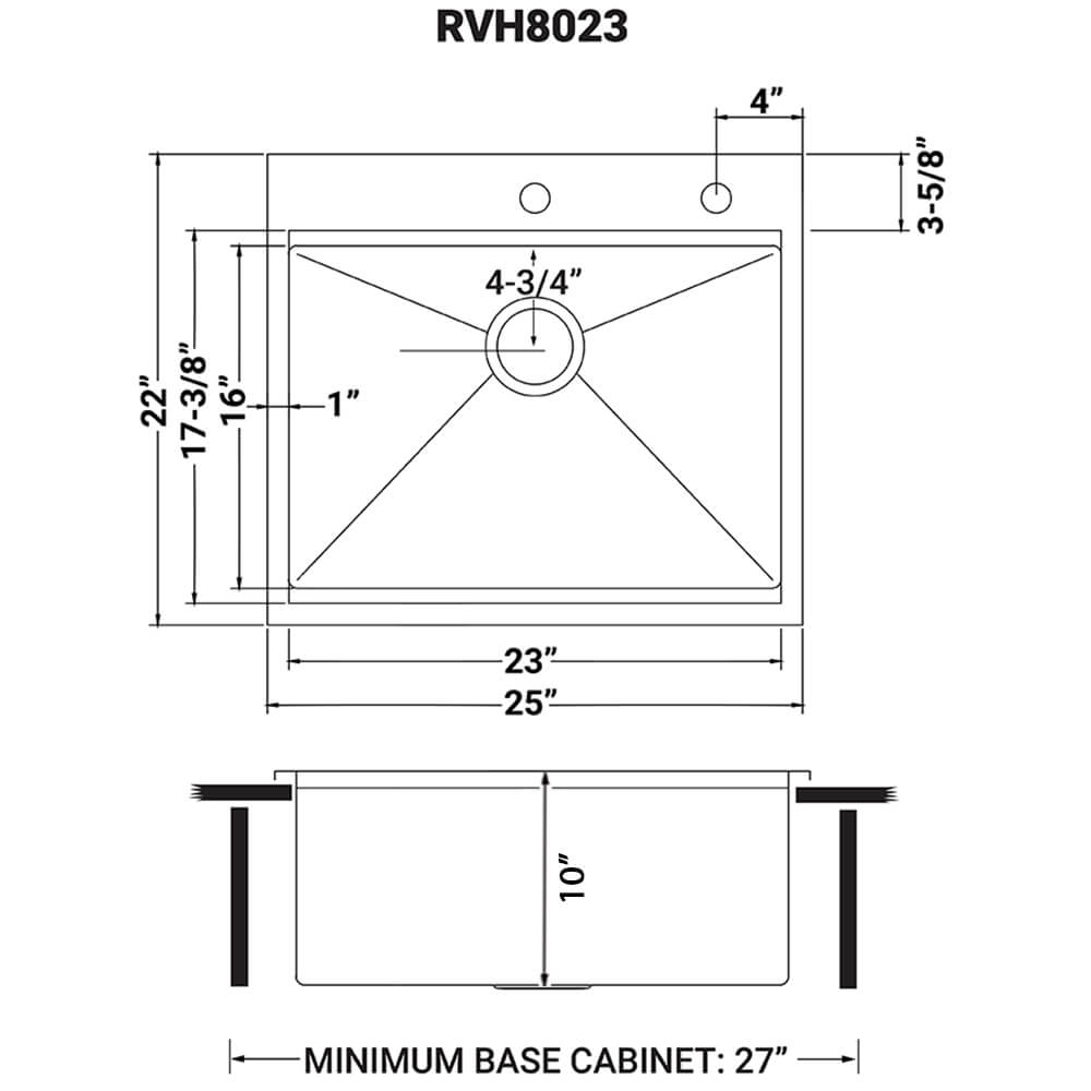 Siena Ruvati 25" x 22" Workstation Drop-in Topmount 16 Gauge Stainless Steel Rounded Corners Ledge Kitchen Sink Single Bowl – Model # RVH8023