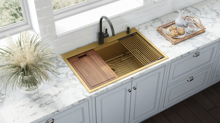 Giana Ruvati 33-inch Matte Gold Workstation Drop-in Topmount Kitchen Sink Single Bowl – Model# RVH5003GG