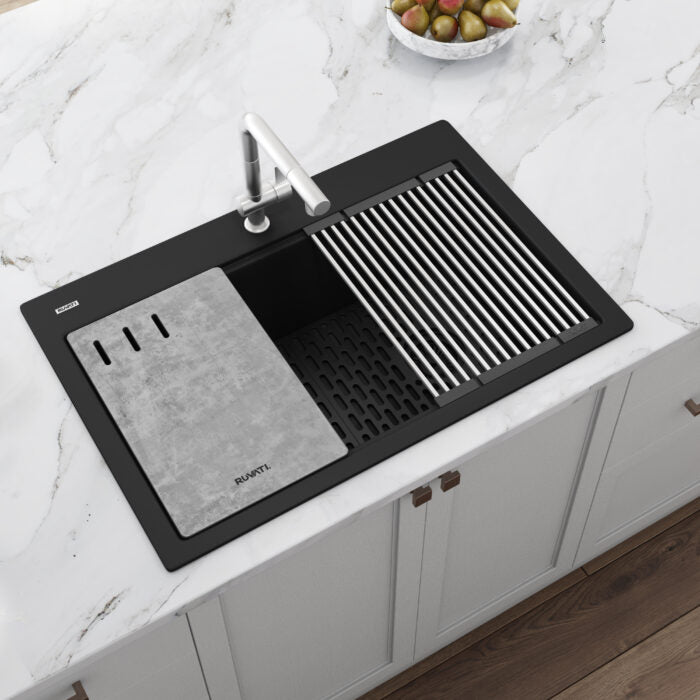 epiStage Ruvati 33-inch Granite Composite Workstation Matte Black Drop-in Top Mount Kitchen Sink – Model# RVG1302BK