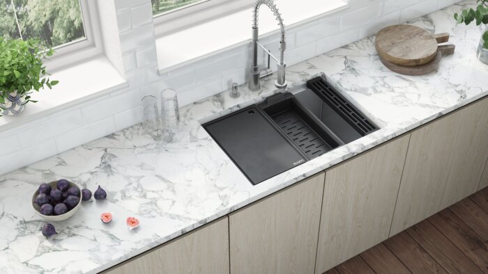 Veniso Nova Ruvati 27-inch Workstation Slope Bottom Offset Drain Undermount 16 Gauge Kitchen Sink – RVH8573