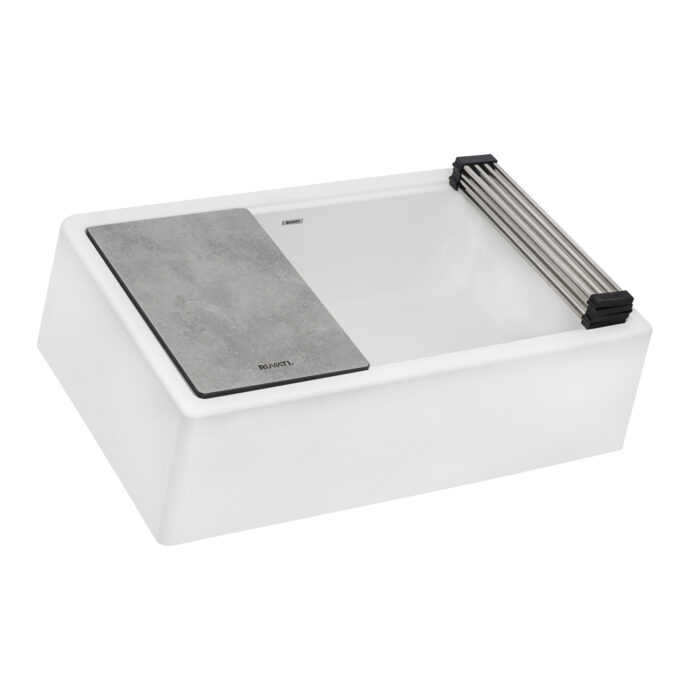 epiCast Ruvati 33-inch Matte White Granite Farmhouse Workstation Apron-front Composite Kitchen Sink – Model# RVG1533WH