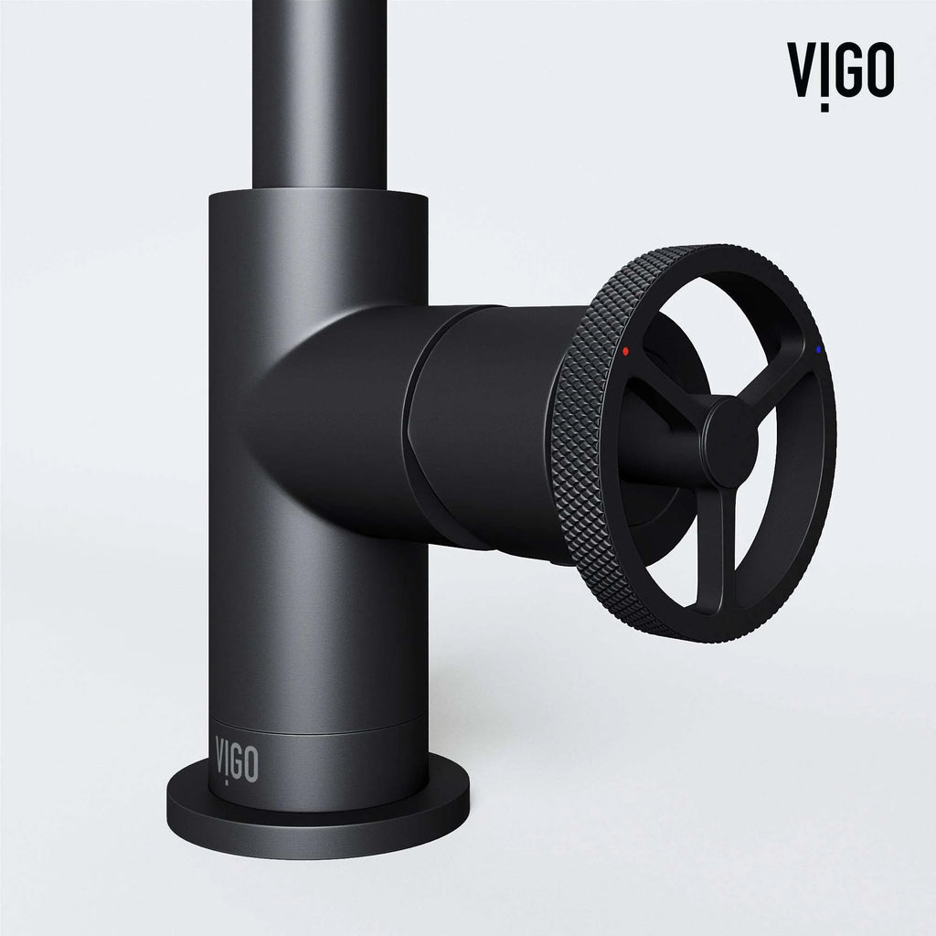 VIGO - Cass Single Hole Bathroom Faucet with Knurled Wheel Handle In Matte Black Model# VG01047MB