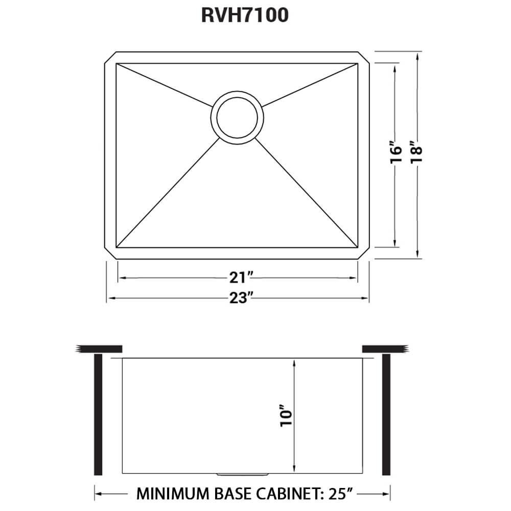 Nesta Ruvati 23" Undermount 16 Gauge Zero Radius Kitchen Sink Stainless Steel Single Bowl – Model# RVH7100