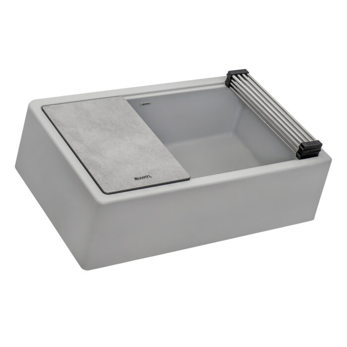 epiCast Ruvati 33-inch Matte Gray Granite Farmhouse Workstation Apron-front Composite Kitchen Sink – Model# RVG1533GR