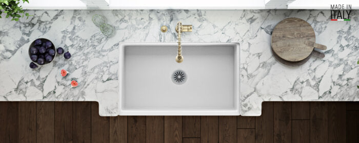 Fiamma Ruvati 33" x 20" Fireclay Reversible Farmhouse Apron-Front Kitchen Sink Single Bowl – White – Model# RVL2300WH