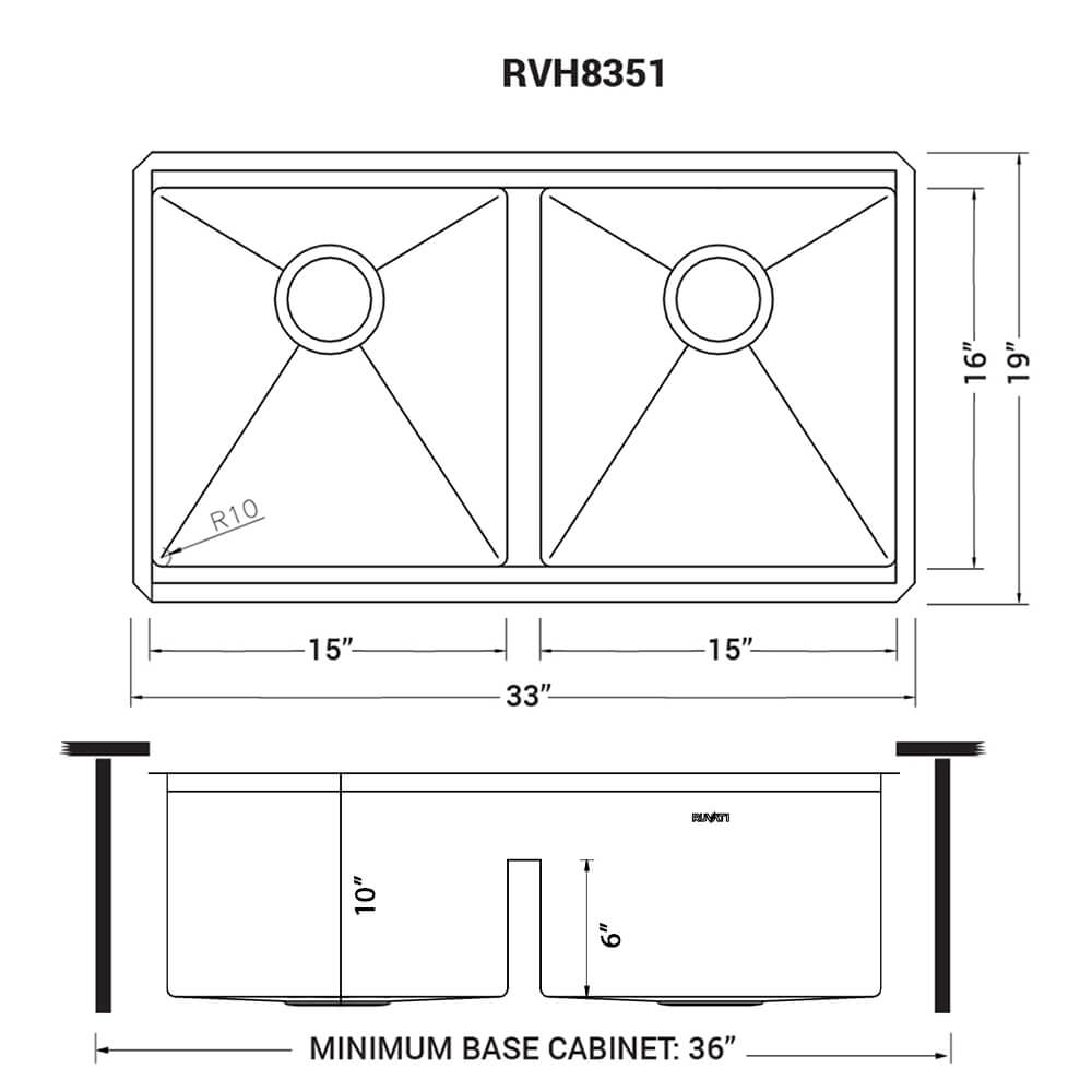 Roma Pro Ruvati 33-inch Workstation Ledge Rounded Corners 50/50 Double Bowl Undermount Kitchen Sink – Model # RVH8351