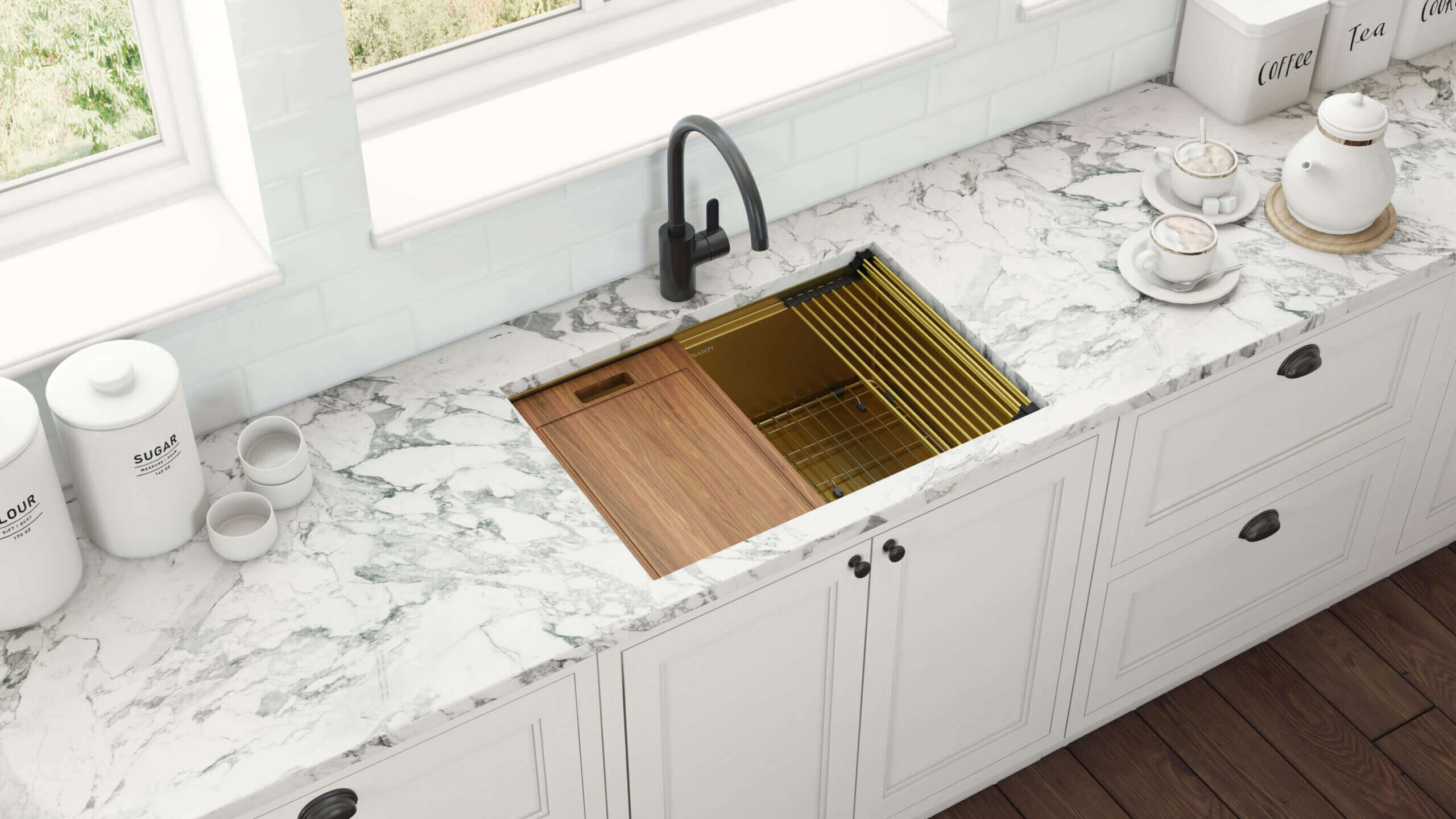 Giana Ruvati 30" Matte Gold Workstation Undermount Kitchen Sink Single Bowl – Model# RVH6530GG
