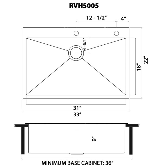 Terraza  Ruvati 33" x 22" Satin Brass Matte Gold Stainless Steel Drop-in Top mount Kitchen Sink Single Bowl – Model# RVH5005GG