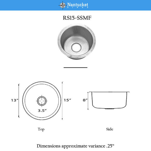Nantucket Sinks -15" Hand Hammered Round Stainless Steel Bar/Prep Sink Model# RS15-SSMF