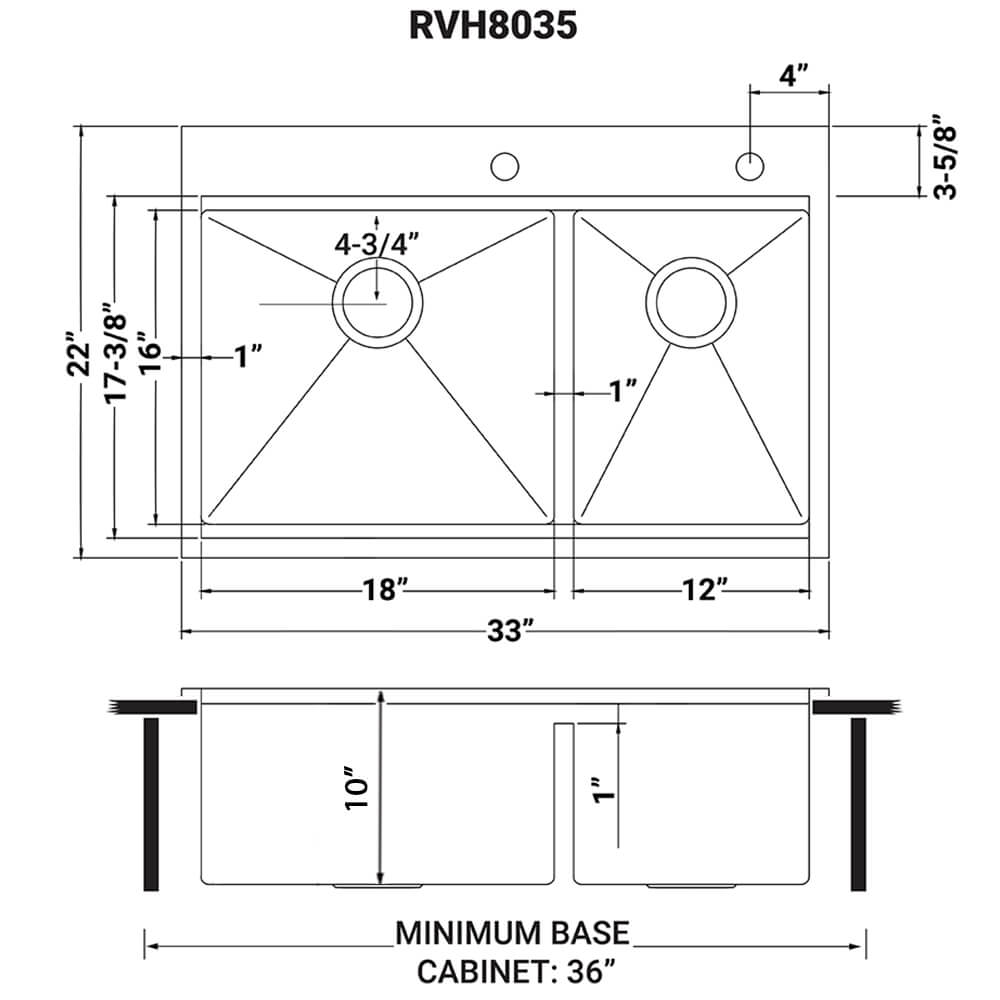 Siena Ruvati 33" x 22" Workstation Drop-in 60/40 Double Bowl Topmount Rounded Corners 16 Gauge Stainless Steel Ledge Kitchen Sink – Model # RVH8035