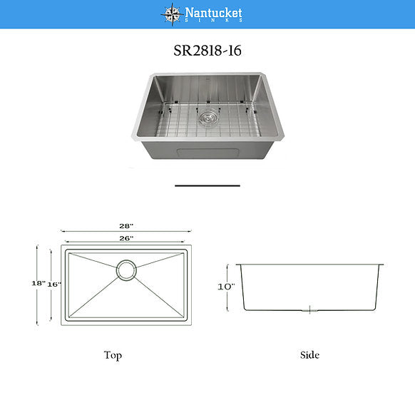 Nantucket Sinks - Pro Series Stainless Steel Undermount Small Radius Corners Rectangle Single Bowl Kitchen Sink, 16 Gauge Model# SR2818-16