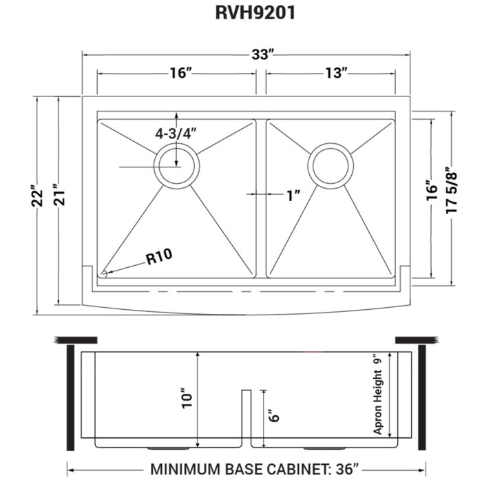 Verona Ruvati 33″ Apron-front Workstation Low-Divide Double Bowl 60/40 Farmhouse Kitchen Sink 16 Gauge Stainless Steel – Model # RVH9201