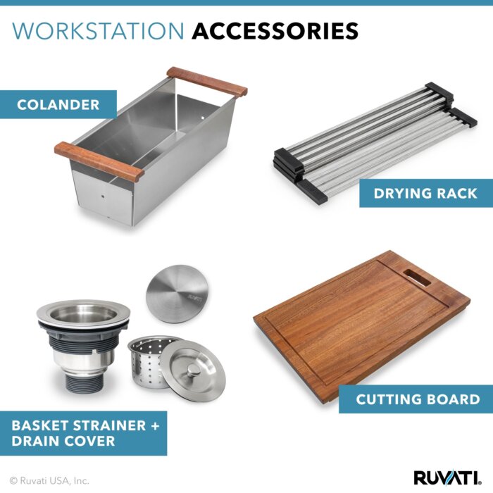 Roma Pro Ruvati 30-inch Workstation Rounded Corners Undermount Ledge Kitchen Sink with Accessories – Model # RVH8320