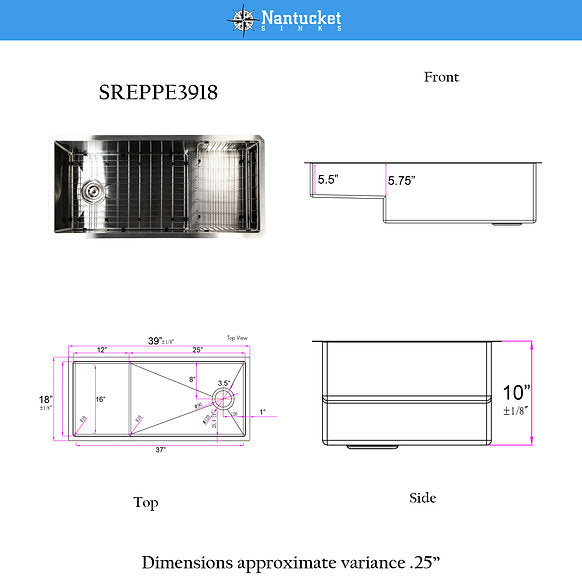 Nantucket Sinks - 39" Undermount Stainless Steel Kitchen Sink with Raised Platform Shelf Model# STEPPE3918