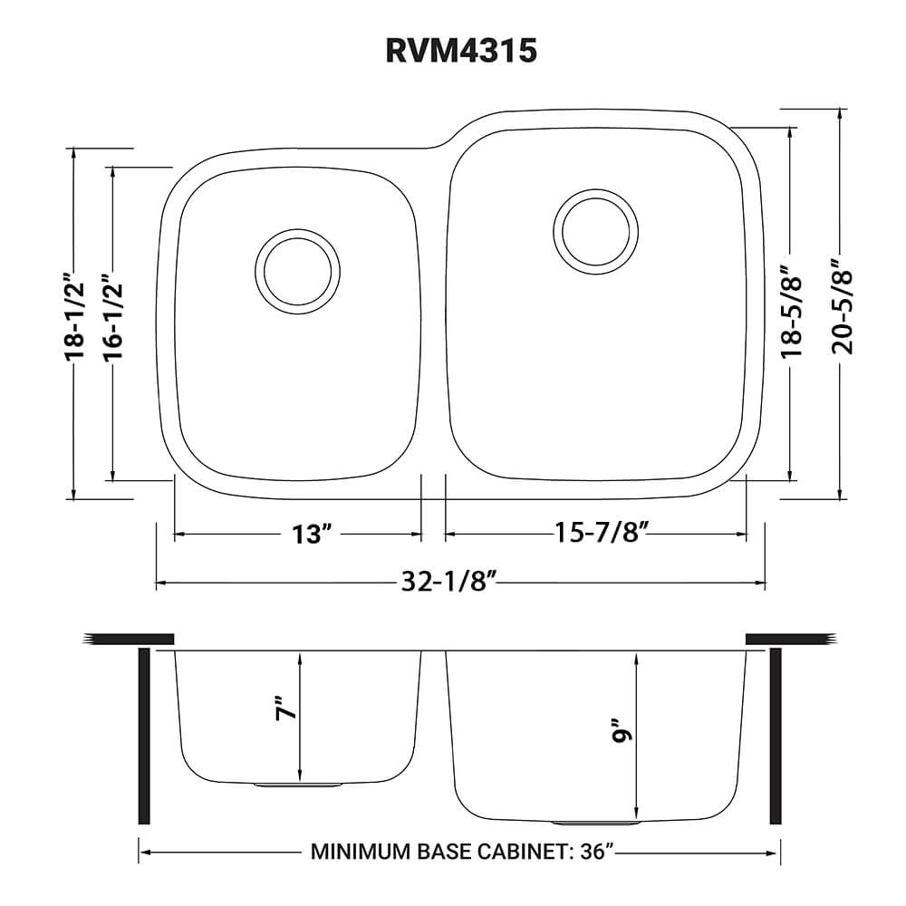 Parmi Model: RVM4315 Ruvati 32-inch Undermount 40/60 Double Bowl 16 Gauge Stainless Steel Kitchen Sink – RVM4315