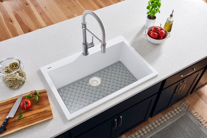 epiGranite Model: RVG1080WH Ruvati 33 x 22 inch epiGranite Drop-in Topmount Granite Composite Quartz Single Bowl Kitchen Sink – Arctic White Matte – RVG1080WH