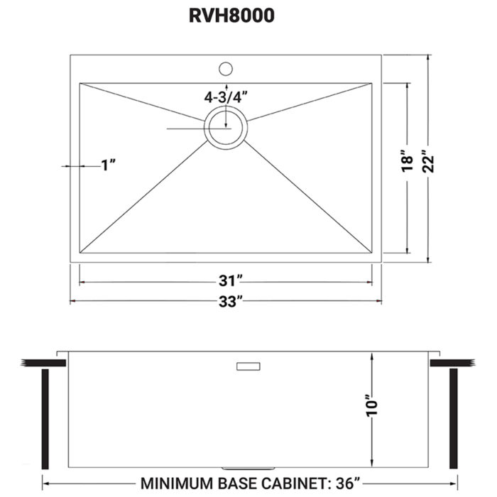 Tirana Model: RVH8000 Ruvati 33 x 22 Drop-in Topmount 16 Gauge Zero Radius Stainless Steel Kitchen Sink Single Bowl – 1 hole – Model # RVH8000