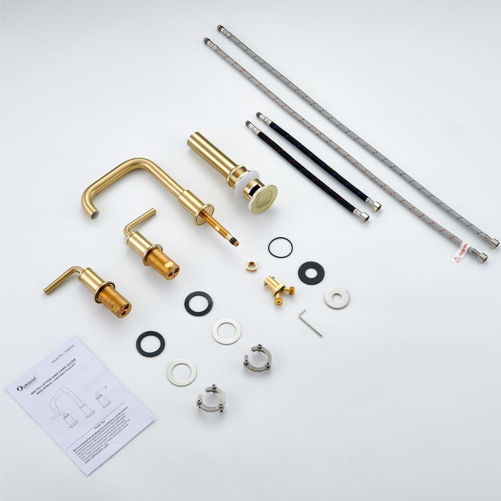 Oakland Wide Spread 2 Handle Bathroom Sink Faucet with Pop Up Drain in Satin Gold – Model #KSB8236SG