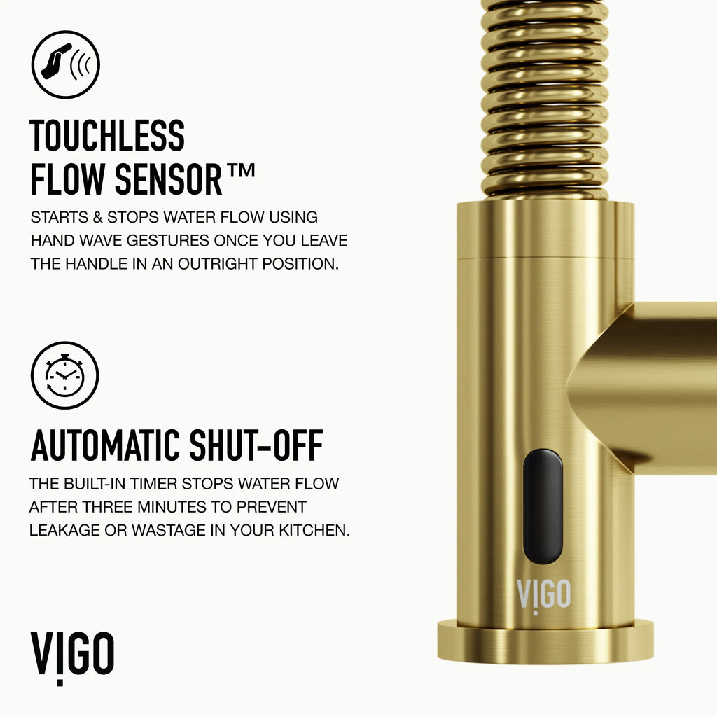 VIGO - Edison 19" Single Handle Smart Pull-Down Touchless Kitchen Faucet With Spring In Matte Brushed Gold Finish Model# VG02001MGS