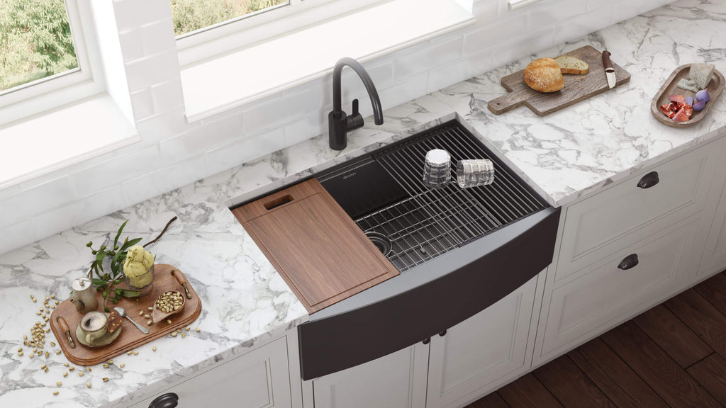 Monaco Ruvati 33" Gunmetal Black Workstation Apron-Front Stainless Steel Kitchen Sink – Model # RVH9207BL