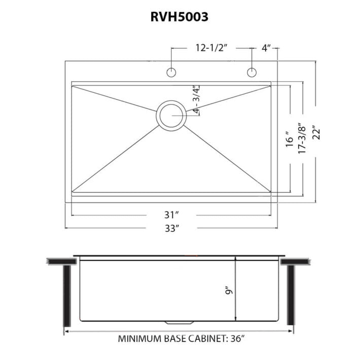 Giana Ruvati 33 inch Gunmetal Black Stainless Steel Workstation Drop-in Topmount Kitchen Sink Single Bowl – Model# RVH5003BL