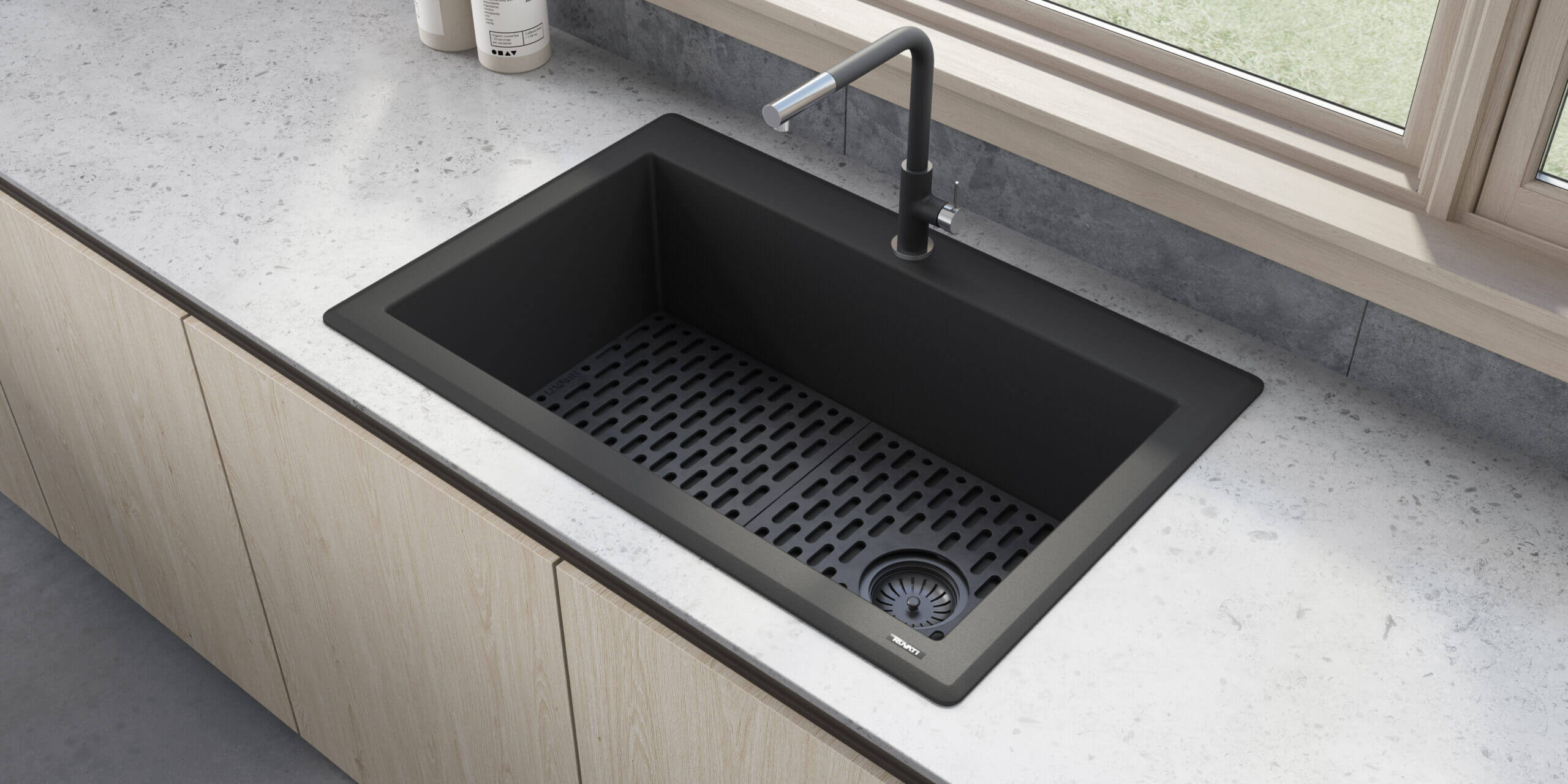 epiGranite Model: RVG1033BK Ruvati 33 x 22 inch epiGranite Drop-in Topmount Granite Composite Quartz Single Bowl Kitchen Sink – Midnight Black – RVG1033BK