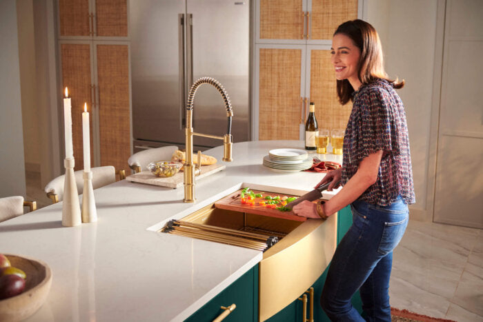 Monaco Model: RVH9308GG Ruvati 36" Matte Gold Workstation Apron-Front Stainless Steel Kitchen Sink – Model # RVH9308GG