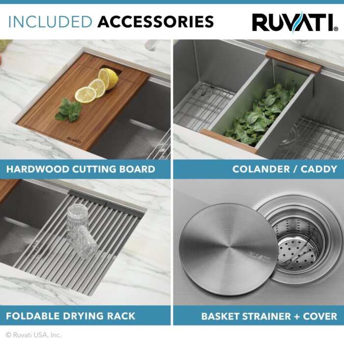 Roma Pro Ruvati 32-inch Workstation Ledge Rounded Corners Undermount 16 Gauge Kitchen Sink Single Bowl – Model # RVH8301