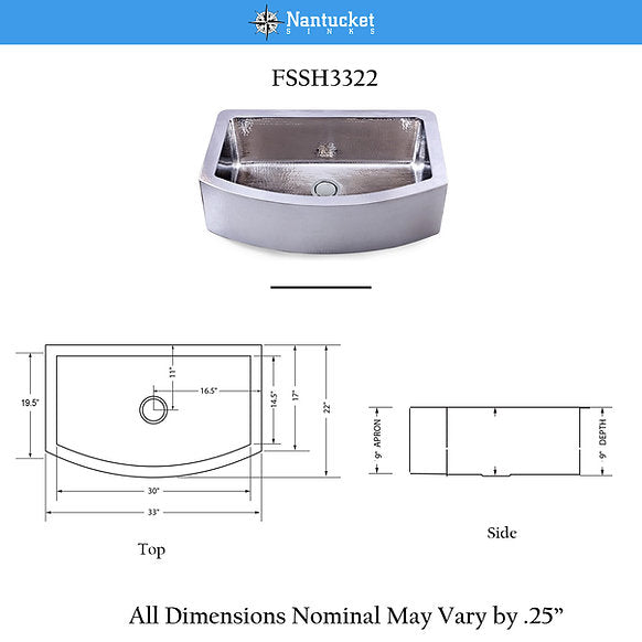 Nantucket Sinks 33" Hammered Farmhouse Stainless Steel Sink Model# FSSH3322