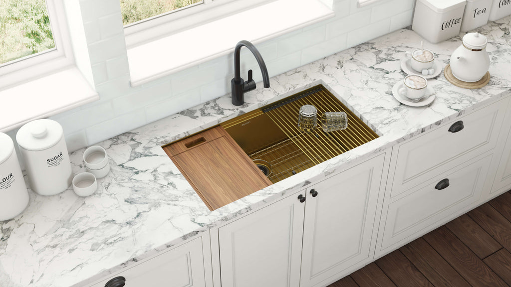 Ruvati 27 inch Matte Gold Workstation Undermount Kitchen Sink Single Bowl Model# RVH6527GG