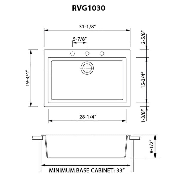 epiGranite Model: RVG1030WH Ruvati 30 x 20 inch epiGranite Drop-in Topmount Granite Composite Quartz Single Bowl Kitchen Sink – Arctic White Matte – RVG1030WH