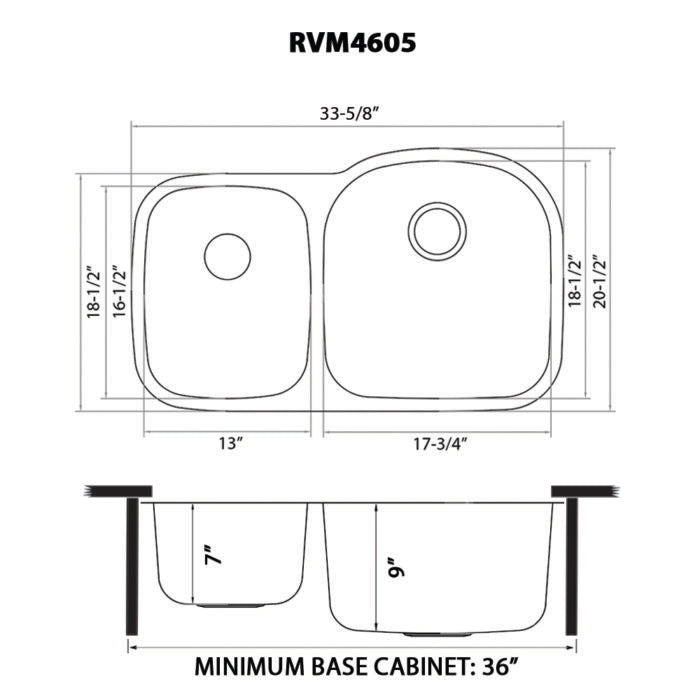 Parmi Model: RVM4605 Ruvati 34-inch Undermount 40/60 Double Bowl 16 Gauge Stainless Steel Kitchen Sink – RVM4605