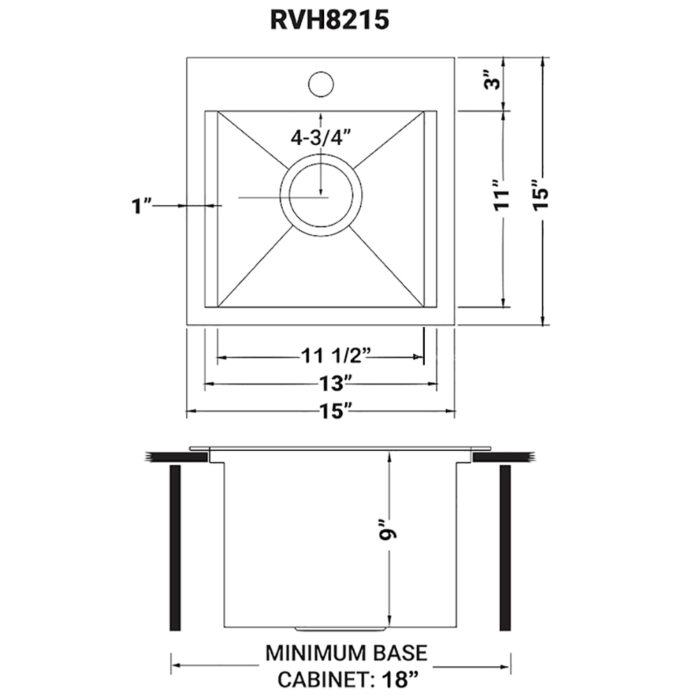 Vino Ruvati 15 x 15"Workstation Drop-in Topmount Bar Prep RV Sink 16 Gauge Stainless Steel – Model # RVH8215