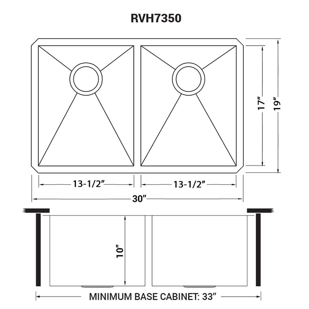 Nesta Model: RVH7350 Ruvati 30-inch Undermount 50/50 Double Bowl Zero Radius 16 Gauge Stainless Steel Kitchen Sink – Model# RVH7350