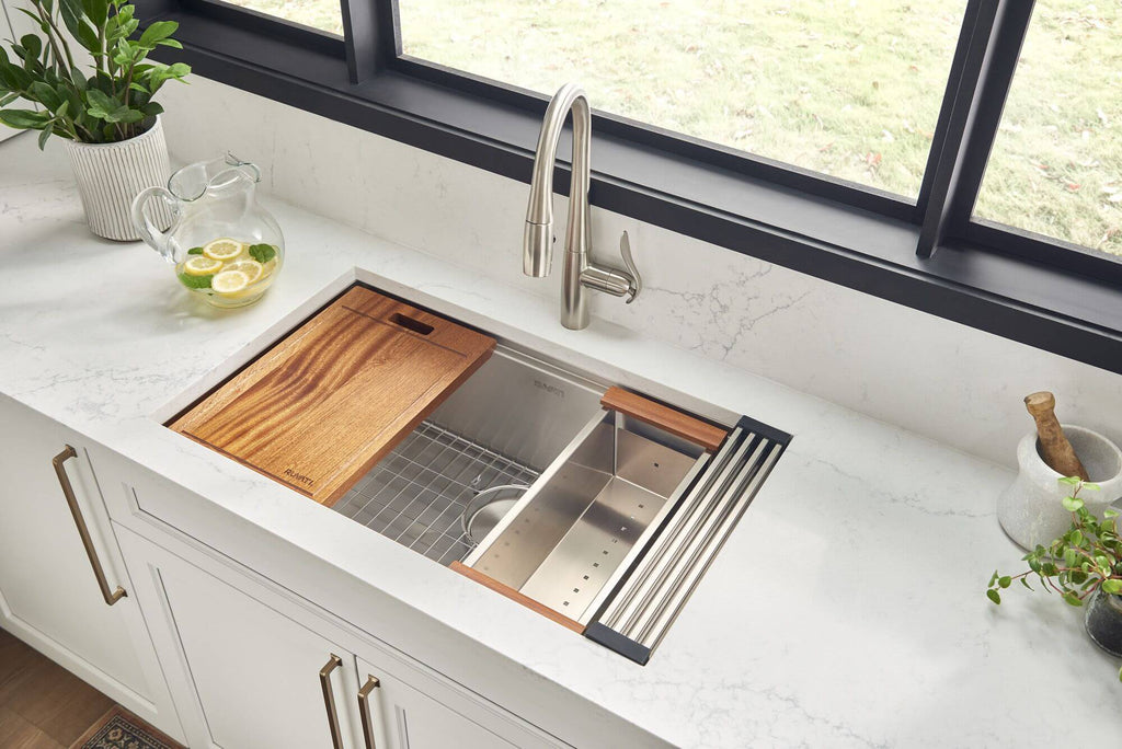 Roma Pro Model: RVH8303 Ruvati 33-inch Workstation Ledge Rounded Corners Undermount 16 Gauge Kitchen Sink Single Bowl – RVH8303