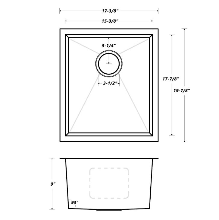 Oakland 17" Under Mount Stainless Steel Kitchen Sink/Bar 93 Degree Model# KSH17199R