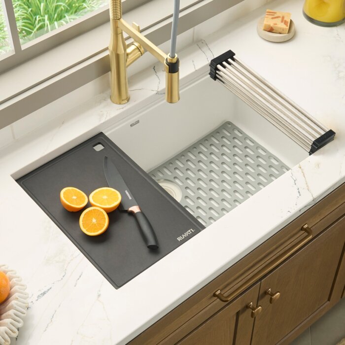 epiStage Model: RVG2306WH Ruvati 33-inch Granite Composite Quartz Workstation Undermount Kitchen Sink Single Bowl Arctic White Matte – RVG2306WH