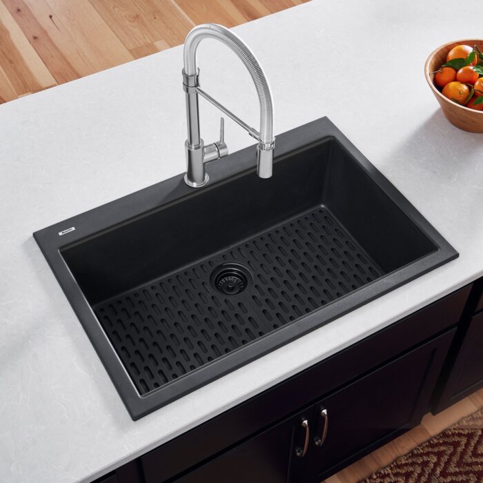 epiGranite Model: RVG1080BK Ruvati 33 x 22 inch epiGranite Drop-in Topmount Granite Composite Quartz Single Bowl Kitchen Sink – Midnight Black – RVG1080BK